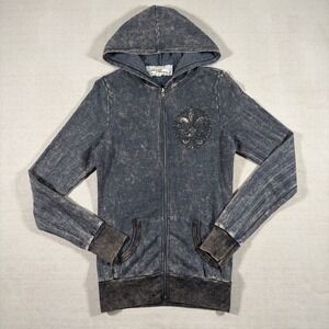 Vintage Y2K Hoodie Women's Small Rusty Gray Full Zip Fleur De Lis Grunge Studded